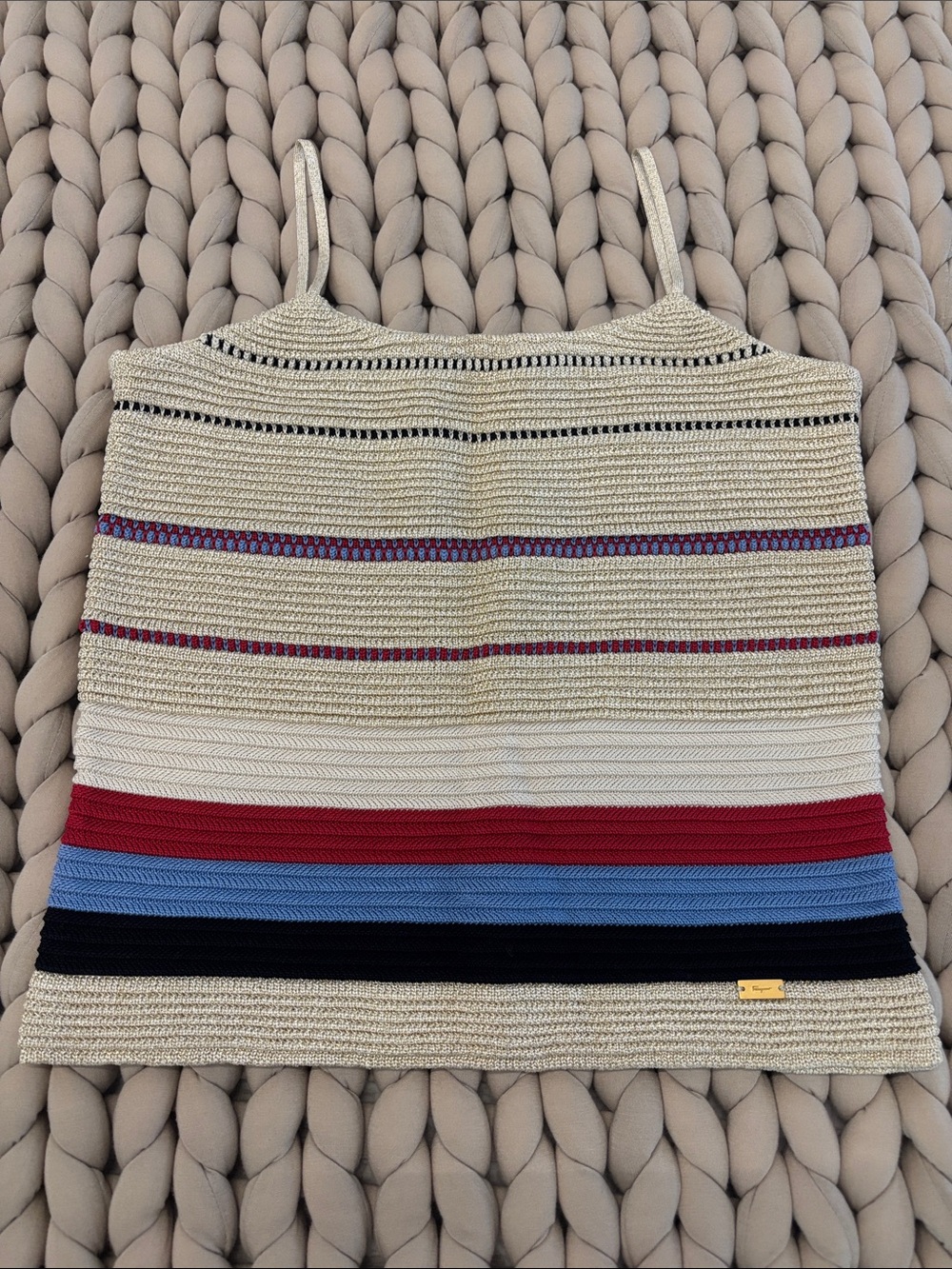Salvatore Ferragamo Cream Knit Tank with Red, Blue and Black Stripes